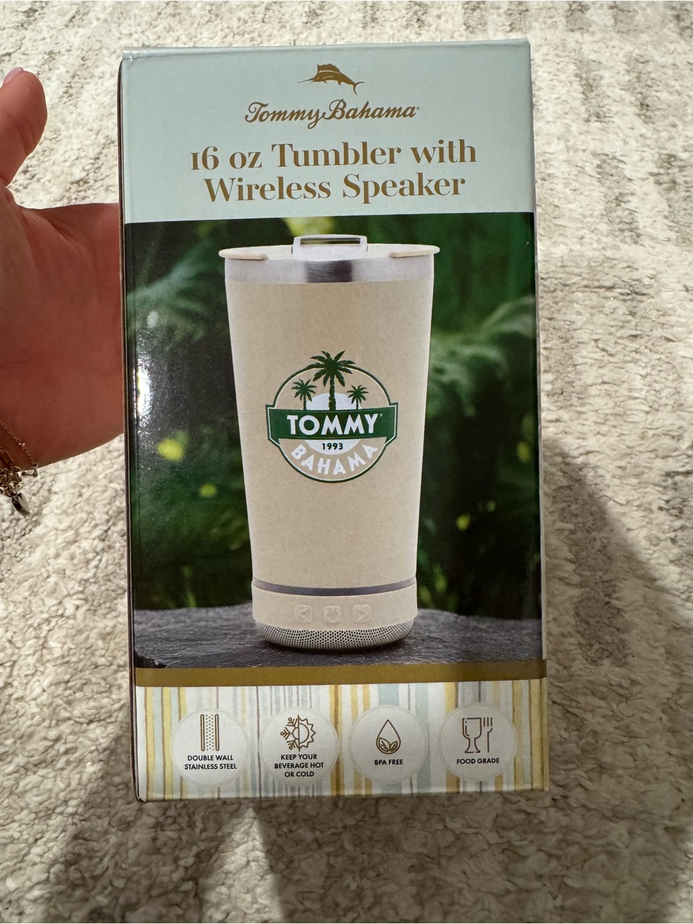 NEW Tommy Bahama Beige Tumbler with Green Logo and Wireless Speaker